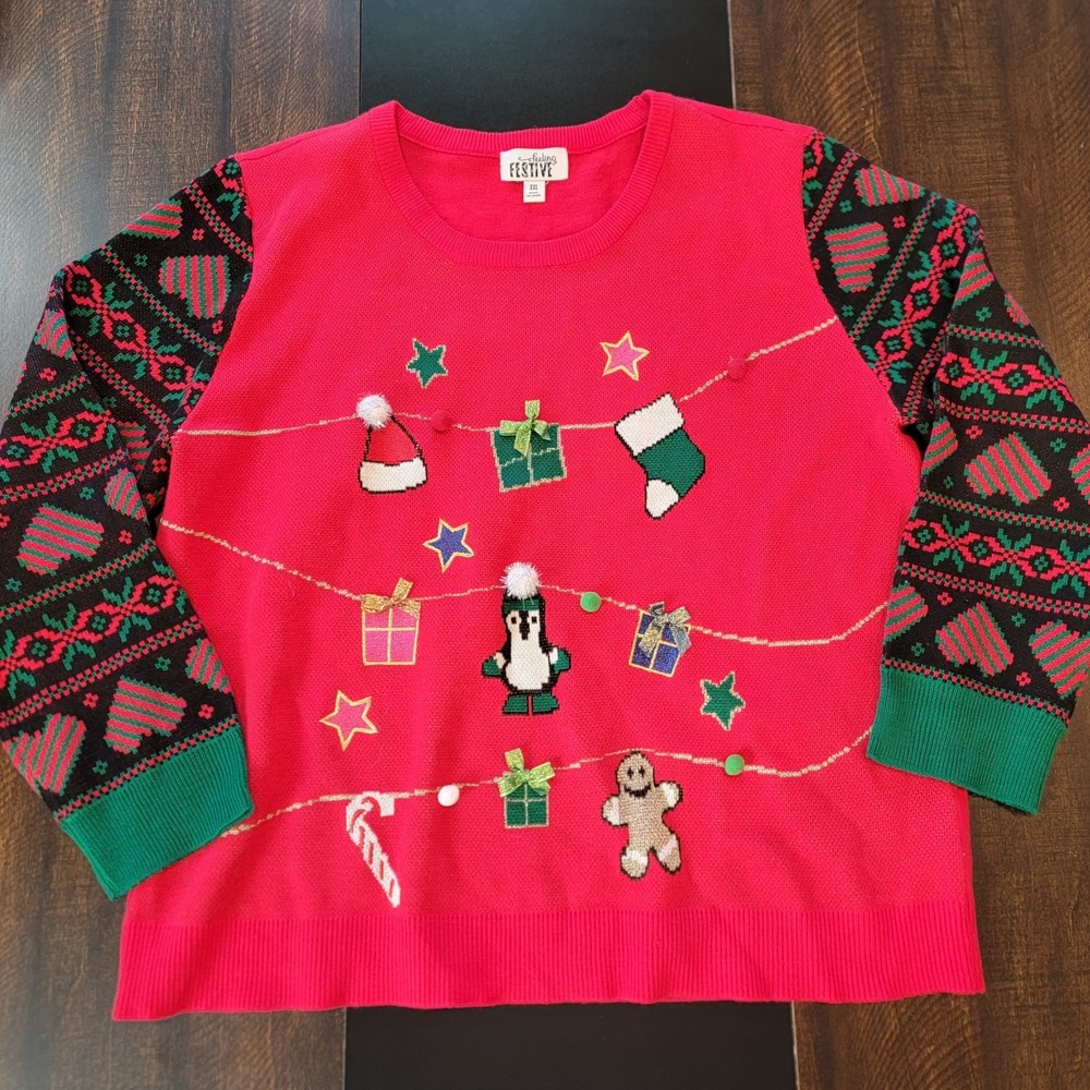 Feeling Festive Ugly Christmas Sweater Holiday‎ Party Red Candy Cane Hearts XXL